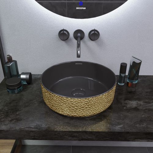 Раковина из сантехнического фаянса Grossman Color GR-5010GBL 40х40 накладная цвет черный/золото без отверстий под смеситель - фото 3