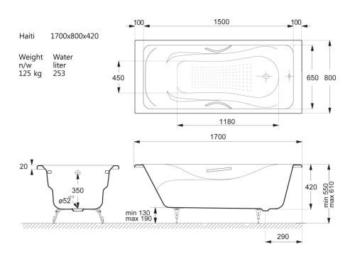 Ванна чугунная Vinsent Veron Haiti VHT1708042H/VH008CH-AS 170х80 пристенная прямоугольная с ножками с ручками - фото 4