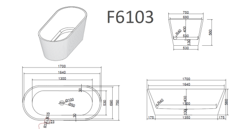 Ванна акриловая Frank 12513 170х75 отдельностоящая овальная с ножками - фото 2