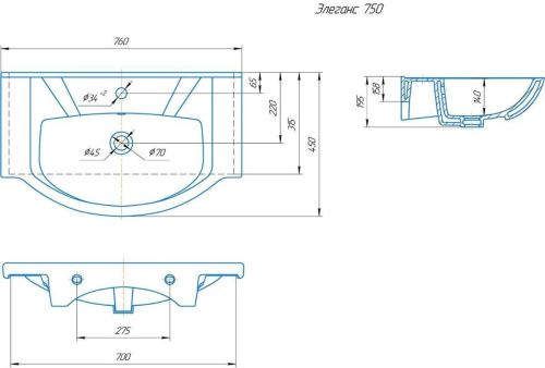 Раковина керамическая Onika Элеганс 4620008197371 80х50 накладная цвет белый 1 отверстие под смеситель - фото 2