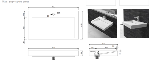 Раковина из искусственного камня Armadi Art Flat 859-080 80х50 подвесная цвет белый без отверстий под смеситель - фото 2