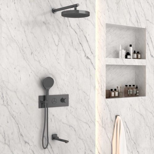 Душевая система Vincea VSFW-432TI2GM встраиваемая в стену цвет вороненая сталь с термостатом