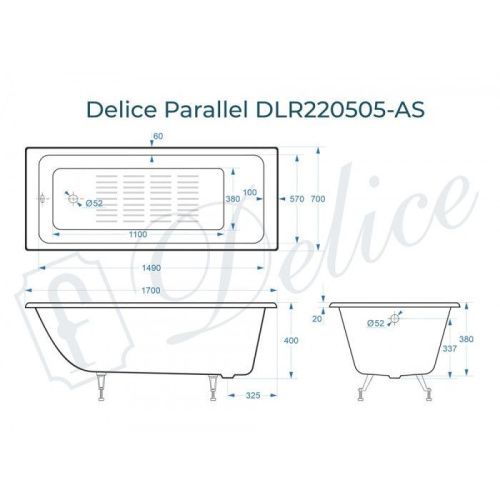 Ванна чугунная Delice Parallel DLR220505-AS 170х70 пристенная прямоугольная без ножек с антискользящим покрытием - фото 2