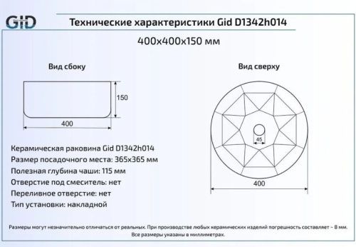 Раковина керамическая Gid 53330 40х40 накладная цвет хром без отверстий под смеситель - фото 5