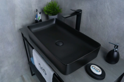 Раковина керамическая Gid Geométrico 53344 60х30 накладная цвет черный без отверстий под смеситель - фото 2