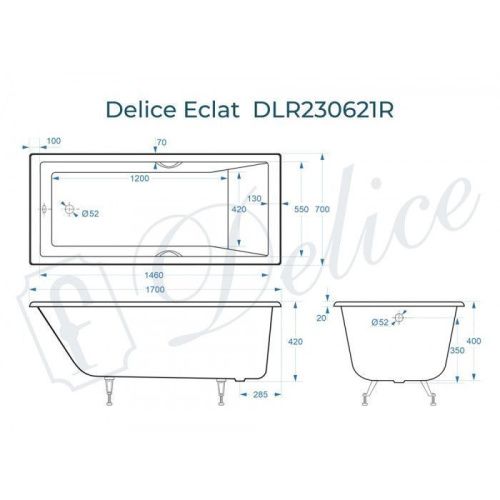 Ванна чугунная Delice Eclat DLR230621R 170х70 пристенная прямоугольная без ножек с отверстиями под ручки - фото 2