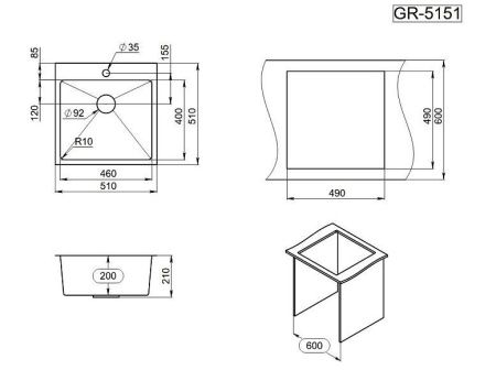 Кухонная мойка Granula 5151, ЗОЛОТО САТИН 50х50 цвет золото поверхность матовая