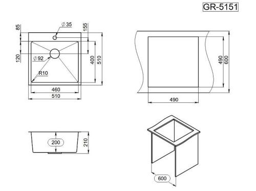 Кухонная мойка Granula 5151, ЗОЛОТО САТИН 50х50 цвет золото поверхность матовая - фото 3