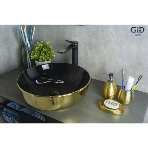 Раковина керамическая Gid 52214 40х40 накладная цвет черный/золото без отверстий под смеситель - фото 3