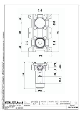 Внутренняя часть встраиваемого смесителя Oioli Universal OIPITD20004B