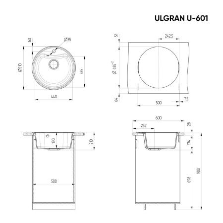 Кухонная мойка Ulgran Classic U-601-331 50х50 цвет белый
