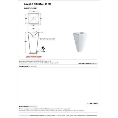 Раковина из сантехнического фаянса Olympia Crystal CRY4745001 50х50 напольная цвет белый - фото 2