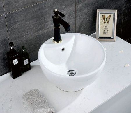 Раковина из сантехнического фаянса CeramaLux 9001 50х50 накладная цвет белый 1 отверстие под смеситель