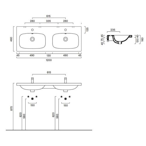 Раковина керамическая Catalano Alvea 621222001 120 см подвесная цвет белый 1 отверстие под смеситель - фото 2