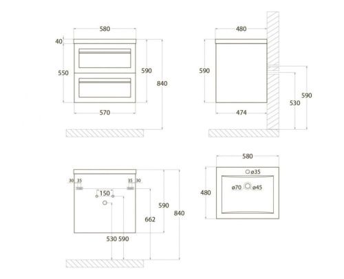 Тумба под раковину Art&Max PLATINO AM-Platino-580-2C-SO-GCM 60х50 подвесная цвет серый - фото 4