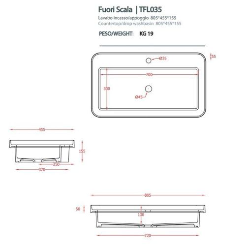 Раковина керамическая Artceram Fuori Scala TFL035 17 00 *1 80 см встраиваемая цвет черный 1 отверстие под смеситель - фото 2