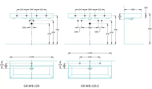Раковина керамическая Kerama Marazzi GRANDE GR.wb.120.2 120х50 подвесная цвет белый 2 отверстия под смеситель - фото 2