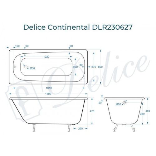 Ванна чугунная Delice Continental DLR230627 180х80 пристенная прямоугольная без ножек - фото 2