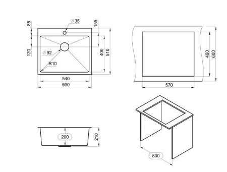 Кухонная мойка Granula 5951, СТАЛЬ САТИН 60х50 цвет нержавеющая сталь поверхность матовая