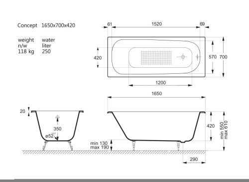 Ванна чугунная Vinsent Veron Concept VCO1657042-AS 165х70 пристенная прямоугольная с ножками - фото 4
