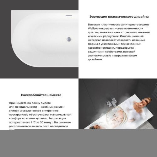 Ванна акриловая Wellsee Excellence Pro 287612000 180х80 пристенная асимметричная с ножками - фото 5