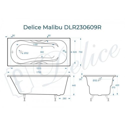 Ванна чугунная Delice Malibu DLR230609R 170х75 пристенная прямоугольная без ножек с отверстиями под ручки - фото 2