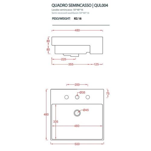 Раковина керамическая Artceram QUADRO QUL004 01 00 50 см встраиваемая цвет белый 1 отверстие под смеситель - фото 2