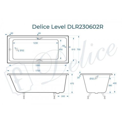 Ванна чугунная Delice Level DLR230602R 170х75 пристенная прямоугольная без ножек с отверстиями под ручки - фото 2