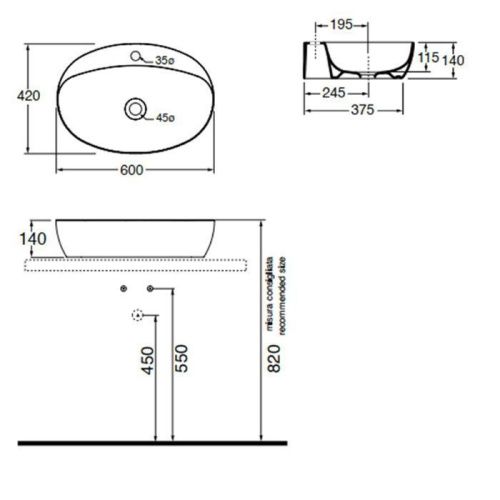 Раковина из сантехнического фаянса Azzurra ELEGANCE ELLA060420CMBI/(ECI60M bi)*1 60х40 накладная цвет белый 1 отверстие под смеситель - фото 2