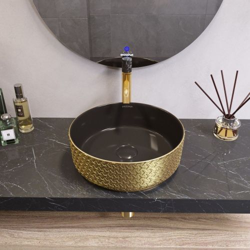 Раковина из сантехнического фаянса Grossman Color GR-5010GBR 40х40 накладная цвет черный/золото без отверстий под смеситель - фото 3