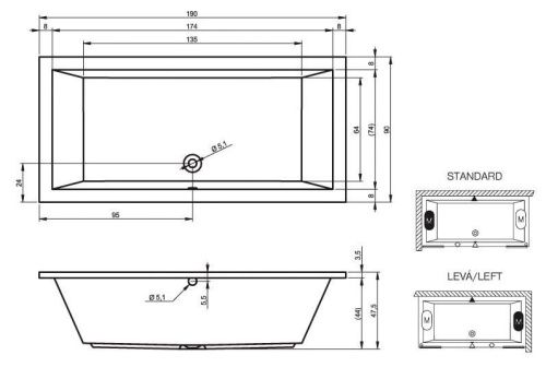 Ванна акриловая Riho LUSSO B037001005 190х90 пристенная прямоугольная без ножек - фото 2
