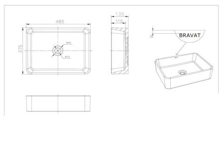 Раковина из сантехнического фарфора Bravat C22328W-ENG 50х40 накладная цвет белый без отверстий под смеситель