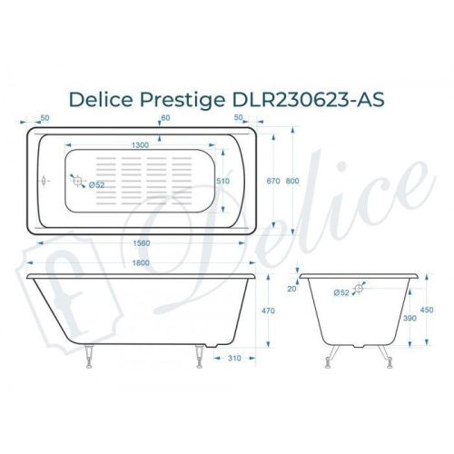 Ванна чугунная Delice Prestige DLR230623-AS 180х80 пристенная прямоугольная без ножек с антискользящим покрытием - фото 2