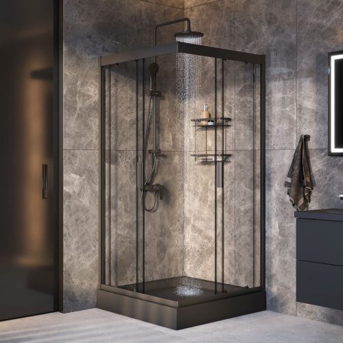 Комплект душевого уголка с душевой системой и аксессуарами Am.Pm Gem WK90EO стекло прозрачное профиль черный без поддона - фото 3