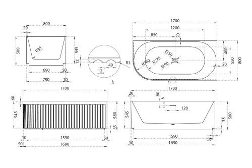 Ванна акриловая Abber AB9412-1.7 R 170х80 пристенная асимметричная с каркасом - фото 5