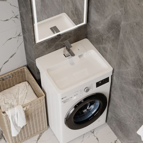 Раковина из литьевого мрамора Teymi Kati Pro T50411 60х49 над стиральной машиной цвет белый 1 отверстие под смеситель - фото 2