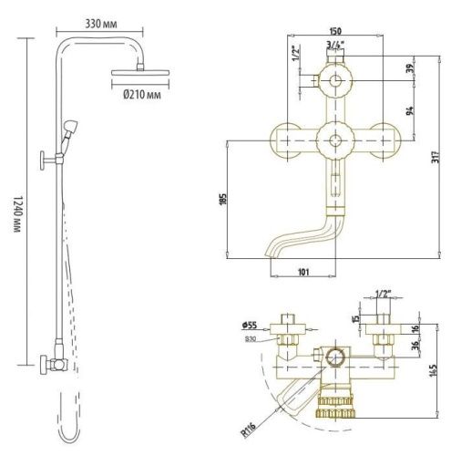 Душевая стойка Bronze de Luxe 10120F настенная цвет бронза - фото 3