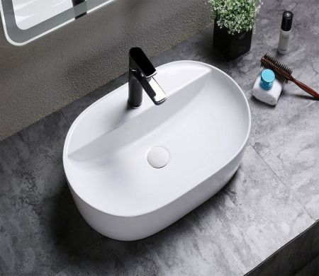 Раковина из сантехнического фаянса CeramaLux D1346 60х40 накладная цвет белый 1 отверстие под смеситель