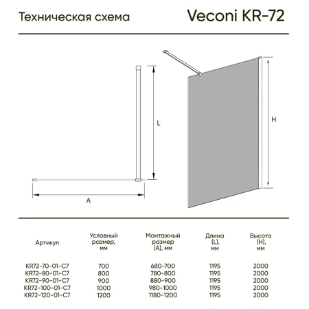 Душевая перегородка Veconi Korato KR72B-120-01-C7 120х200 стекло прозрачное профиль черный