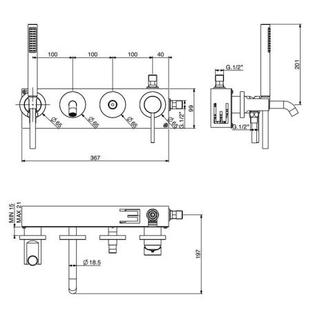 Смеситель для ванны Gattoni CIRCLE TWO 9105/91SG встраиваемый в стену золото
