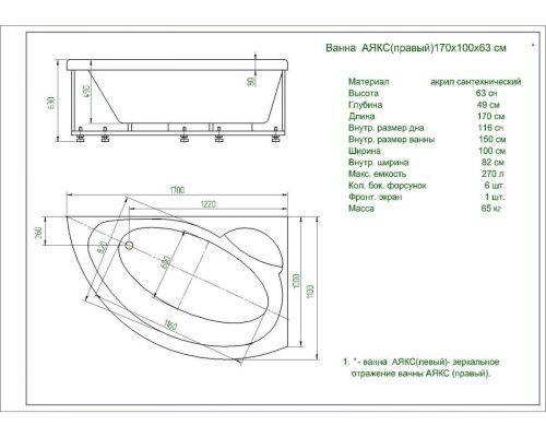 Ванна акриловая Aquatek Аякс 2 AYK170-0000089 170х100 пристенная асимметричная с каркасом без ручек - фото 4