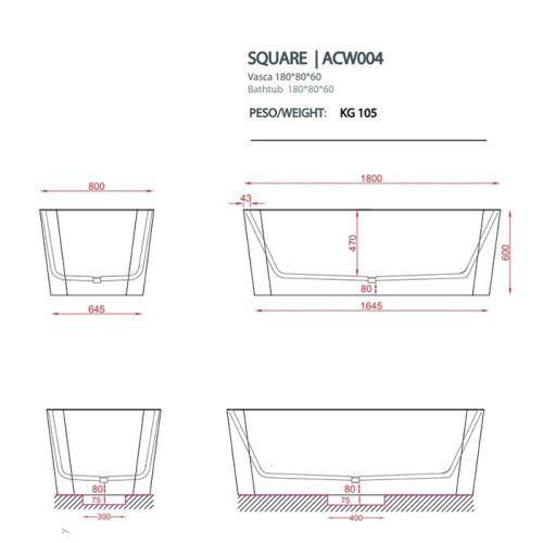 Ванна из искусственного камня Artceram Square ACW004 38 blu avio 180х80 встраиваемая прямоугольная - фото 2