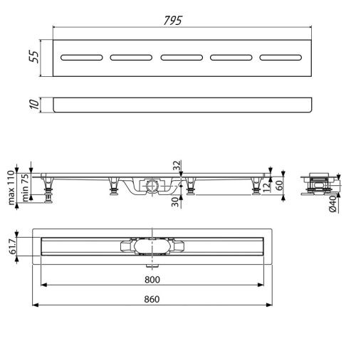 Душевой лоток Timo Eco SP10800-SG10800 85х10 черный - фото 2