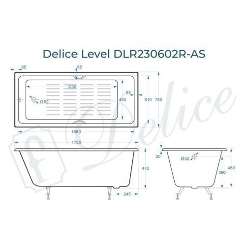 Ванна чугунная Delice Level DLR230602R-AS 170х75 пристенная прямоугольная без ножек с отверстиями под ручки - фото 2
