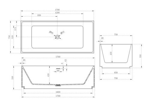 Ванна из искусственного камня Abber Stein AS9602 170х75 отдельностоящая прямоугольная с ножками - фото 2