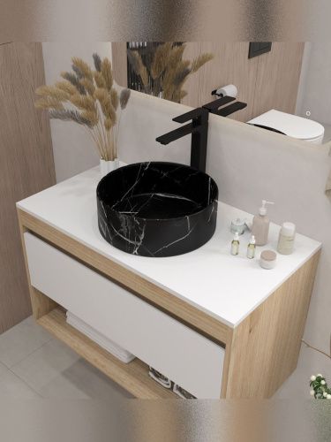 Раковина из сантехнического фарфора Teymi Lina T50183 36х36 накладная цвет черный мрамор без отверстий под смеситель - фото 4