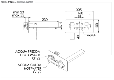 Смеситель для раковины Remer Qubika Q15L встраиваемый в стену хром