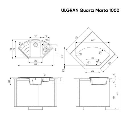 Кухонная мойка Ulgran Quartz Marta 1000-07 100х55 цвет черный