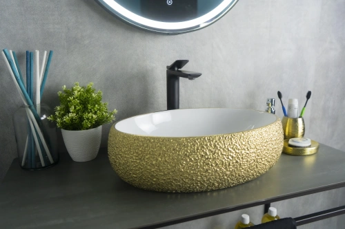 Раковина керамическая Gid Lago 52219 50х30 накладная цвет белый/золото без отверстий под смеситель - фото 5