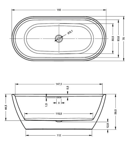 Ванна акриловая Riho INSPIRE FS B091001005 160х75 пристенная овальная с ножками - фото 2